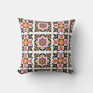 Pink and Orange Mexican Folk Tile Throw Pillow