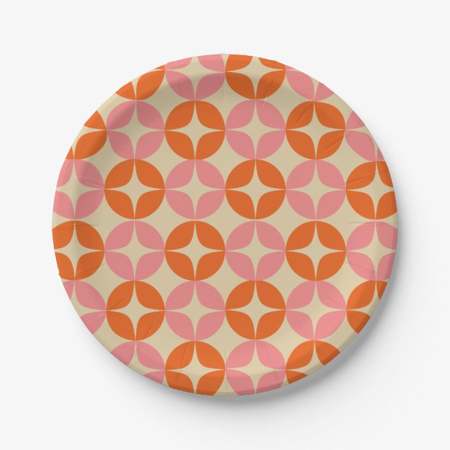 Pink and Orange Mid Century Mod Geometric Pattern Paper Plate (Front)