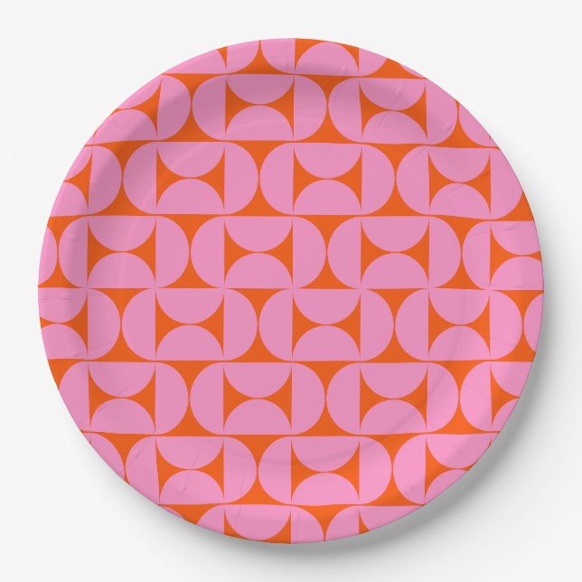 Pink And Orange Mid Century Modern Pattern Paper Plate (Front)