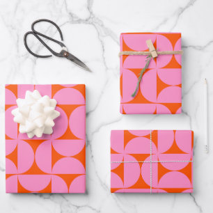 Pink And Orange Mid Century Modern Pattern Wrapping Paper Sheet