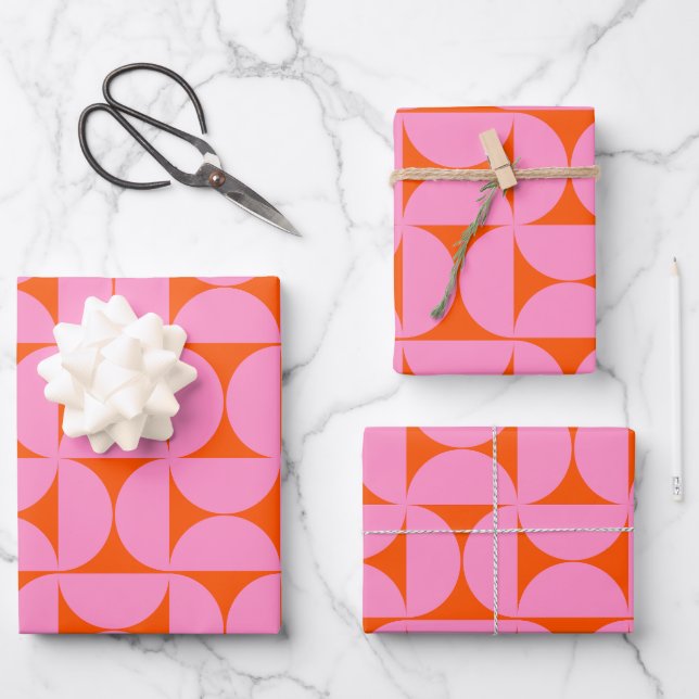Pink And Orange Mid Century Modern Pattern Wrapping Paper Sheet (Front)