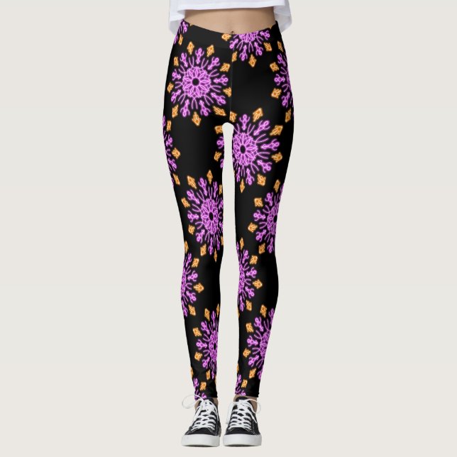 Pink and orange neon flower leggings (Front)