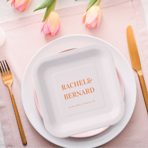 Pink and Orange Peach Apricot Typography Wedding   Paper Plate