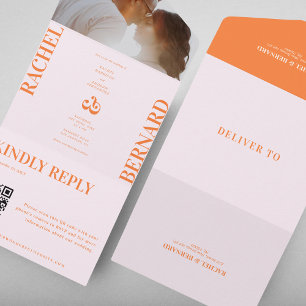 Pink and Orange Peach Typography QR Code Wedding All In One Invitation