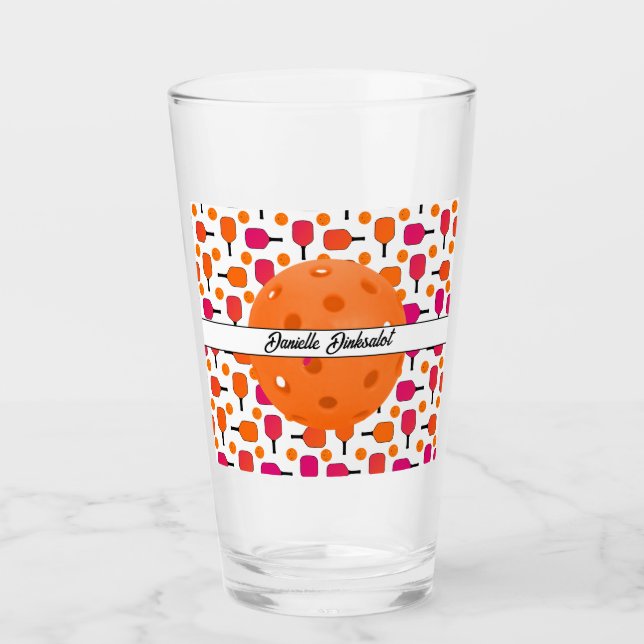 Pink and Orange Pickleball Paddles Personalized Glass (Front)