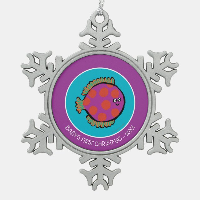 Pink and Orange Polka-Dot Fish Snowflake Pewter Christmas Ornament (Front)