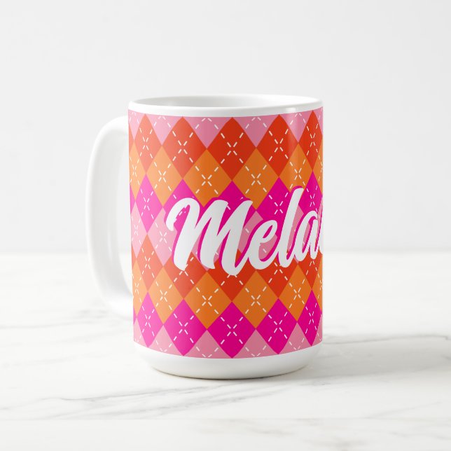 Pink and Orange Preppy Argyle Personalized Coffee Mug (Front Left)