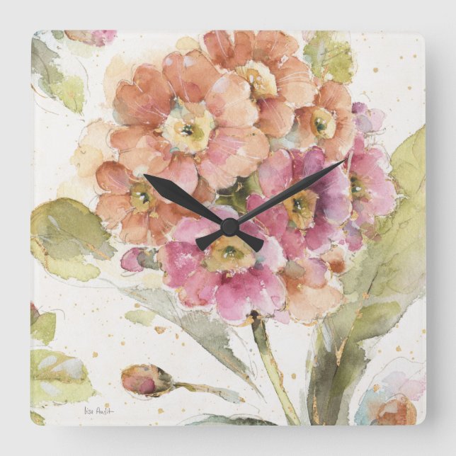 Pink and Orange Primrose Square Wall Clock (Front)