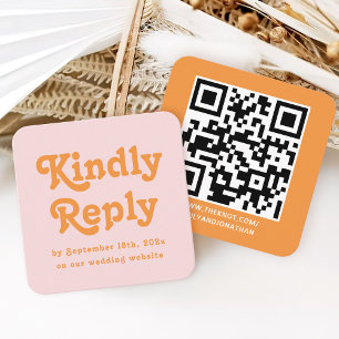 Pink and Orange Retro 70s Wedding RSVP Qr Code Enclosure Card