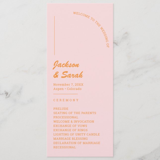 Pink and Orange Retro Disco Wedding  Program (Front)