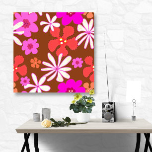 Pink and Orange Retro Floral Art For the Wall Poster
