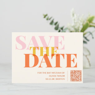 Pink and Orange Retro Modern Bat Mitzvah QR Code Save The Date