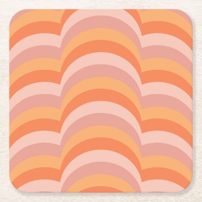 Pink and orange retro style curves pattern square paper coaster (Front)