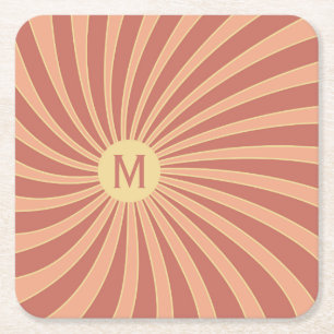 Pink and orange retro style sunburst design square paper coaster