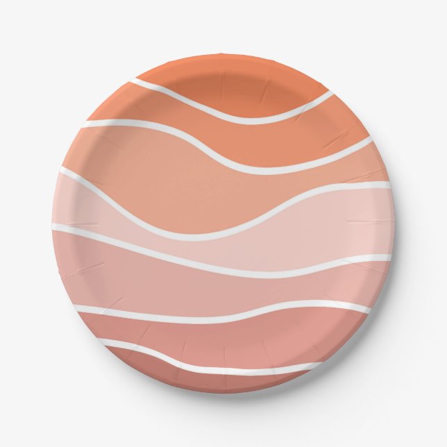 Pink and orange retro style waves paper plate (Front)