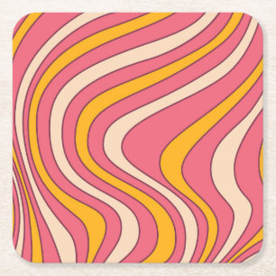 Pink and orange retro style waves square paper coaster