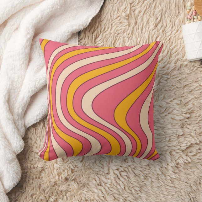 Pink and orange retro style waves throw pillow (Blanket)