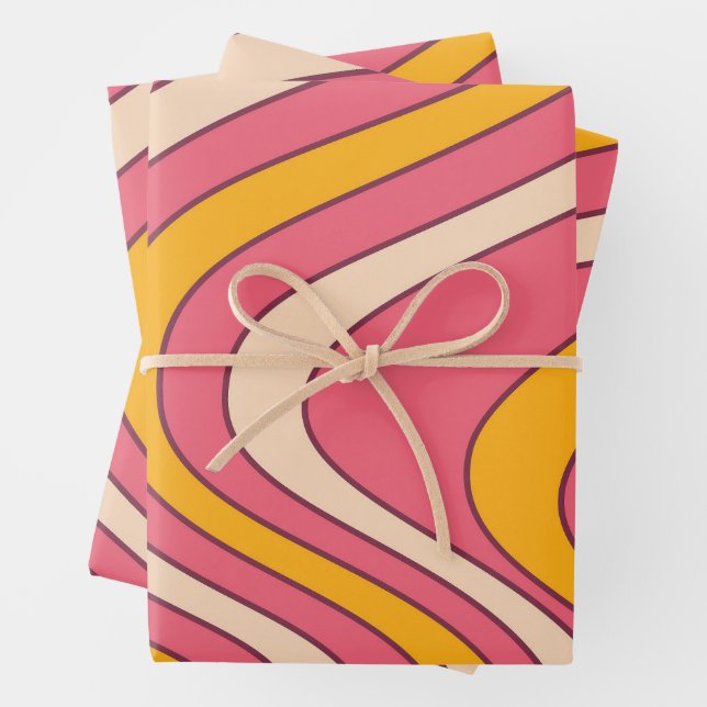 Pink and orange retro style waves wrapping paper sheet (In situ)