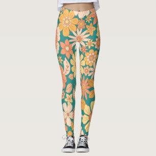 pink and orange spring flowers pattern leggings
