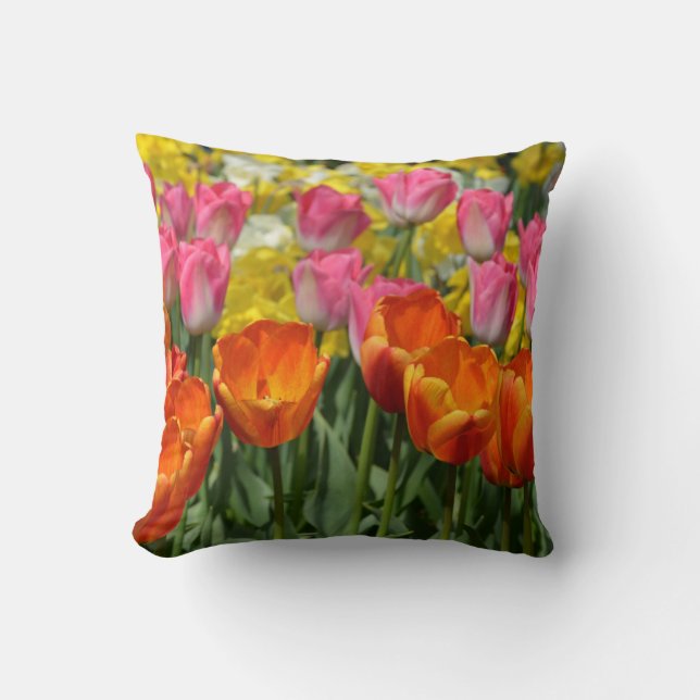 Pink and orange spring tulips print pillow (Front)