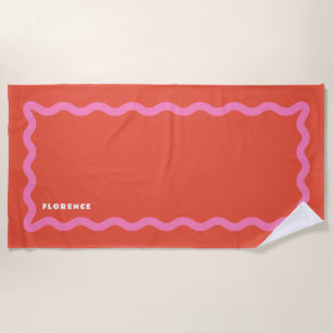 Pink and Orange Squiggle with Text Beach Towel