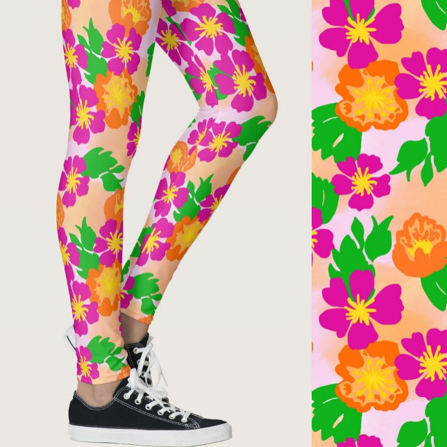 Pink and Orange Tropical Flowers Patterned Leggings (Creator Uploaded)