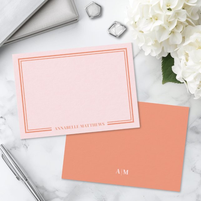 Pink And Orange Two Border Monogram Card (Pink And Orange Two Border Monogram Note Card)