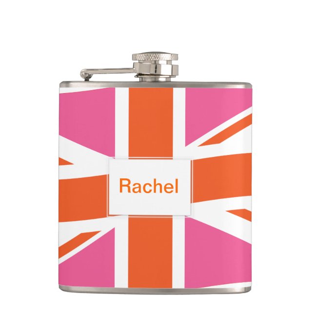 Pink and Orange Union Flag Hip Flask (Front)