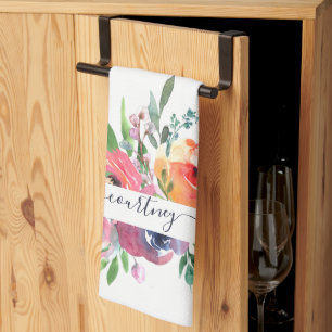 Pink and orange watercolor floral personalized   kitchen towel