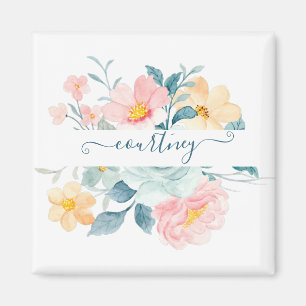 Pink and orange watercolor floral personalized magnet