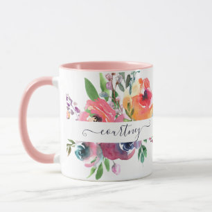 Pink and orange watercolor floral personalized mug