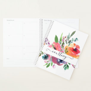 Pink and orange watercolor floral personalized planner