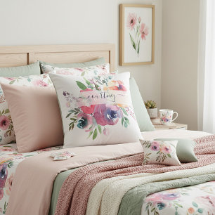 Pink and orange watercolor floral personalized  throw pillow