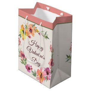 Pink and orange watercolor floral valentine's day medium gift bag