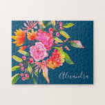 Pink and Orange Watercolor Flowers Navy Name  Jigsaw Puzzle<br><div class="desc">Pink and Orange Watercolor Flowers Navy Name Puzzle</div>