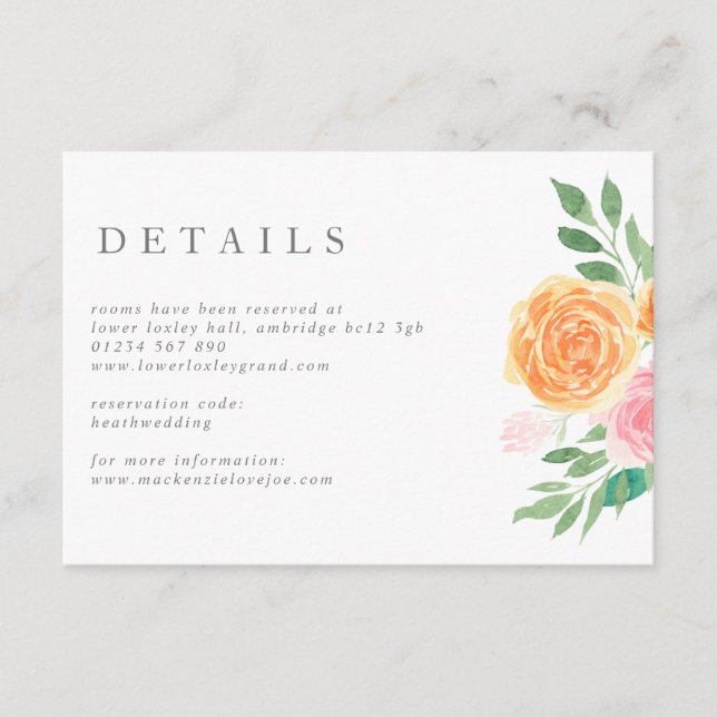 Pink and Orange Watercolor Roses Wedding Enclosure Card (Front)