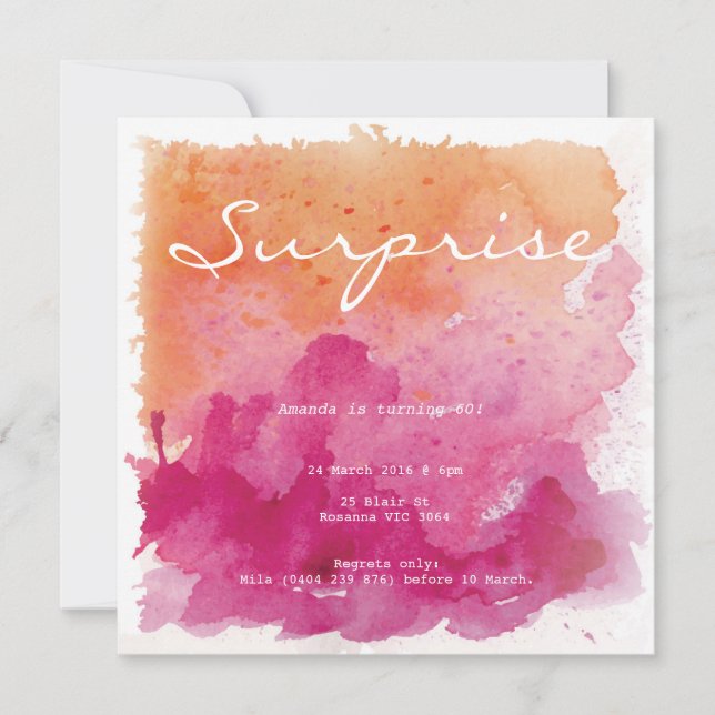 Pink and Orange Watercolour Surprise Birthday Invitation (Front)
