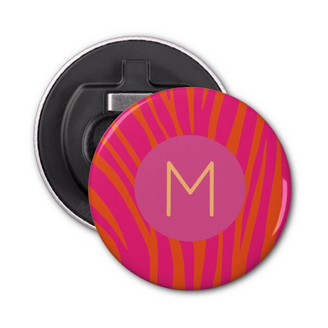 Pink and Orange Zebra Stripes Modern Monogram Bottle Opener (Front)