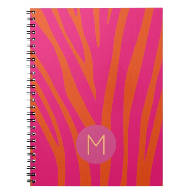 Pink and Orange Zebra Stripes Modern Monogram Notebook (Front)