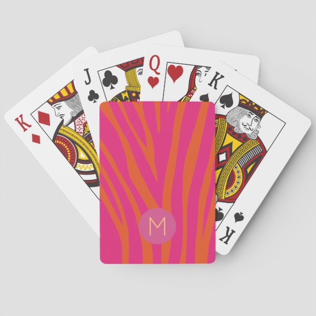 Pink and Orange Zebra Stripes Modern Monogram Playing Cards (Back)