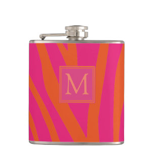 Pink and Orange Zebra Stripes Monogram Hip Flask
