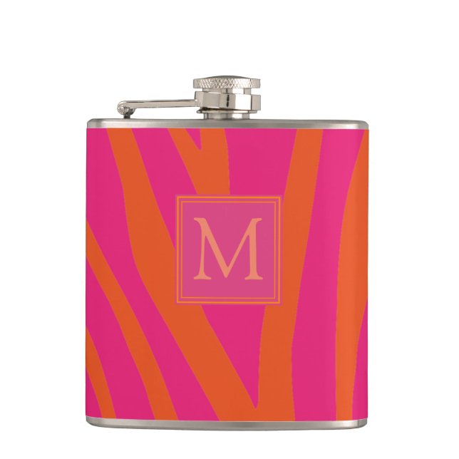Pink and Orange Zebra Stripes Monogram Hip Flask (Front)