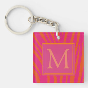 Pink and Orange Zebra Stripes Monogram Keychain