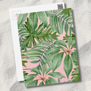 Pink and Palm Leaf Tropical Floral Pattern Postcard