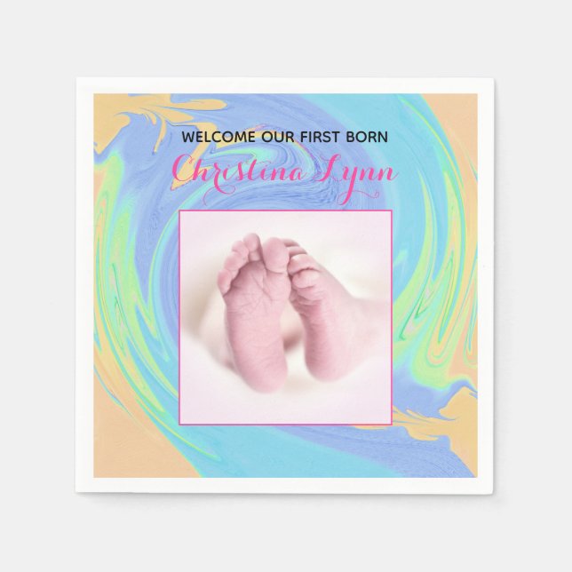 Pink and Pastel First Born With Photo Napkin (Front)