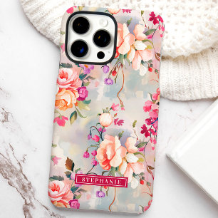 Pink and Peach Elegant Custom Name Floral iPhone 16 Pro Max Case