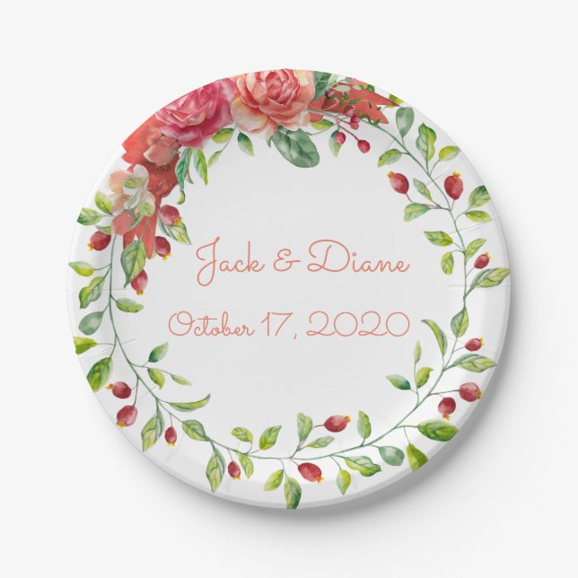 Pink and Peach Floral Wedding Paper Plates (Front)