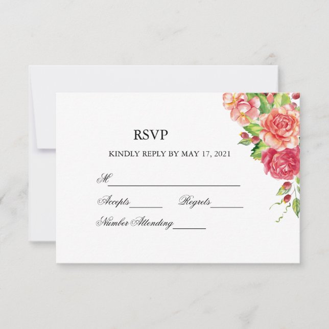 Pink and Peach Floral Wedding Reply RSVP Card (Front)