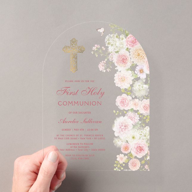 Pink and Peach Flowers Arch First Communion Acrylic Invitations (Insitu (Handheld))
