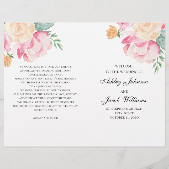 Pink and peach flowers wedding program folded (Front)